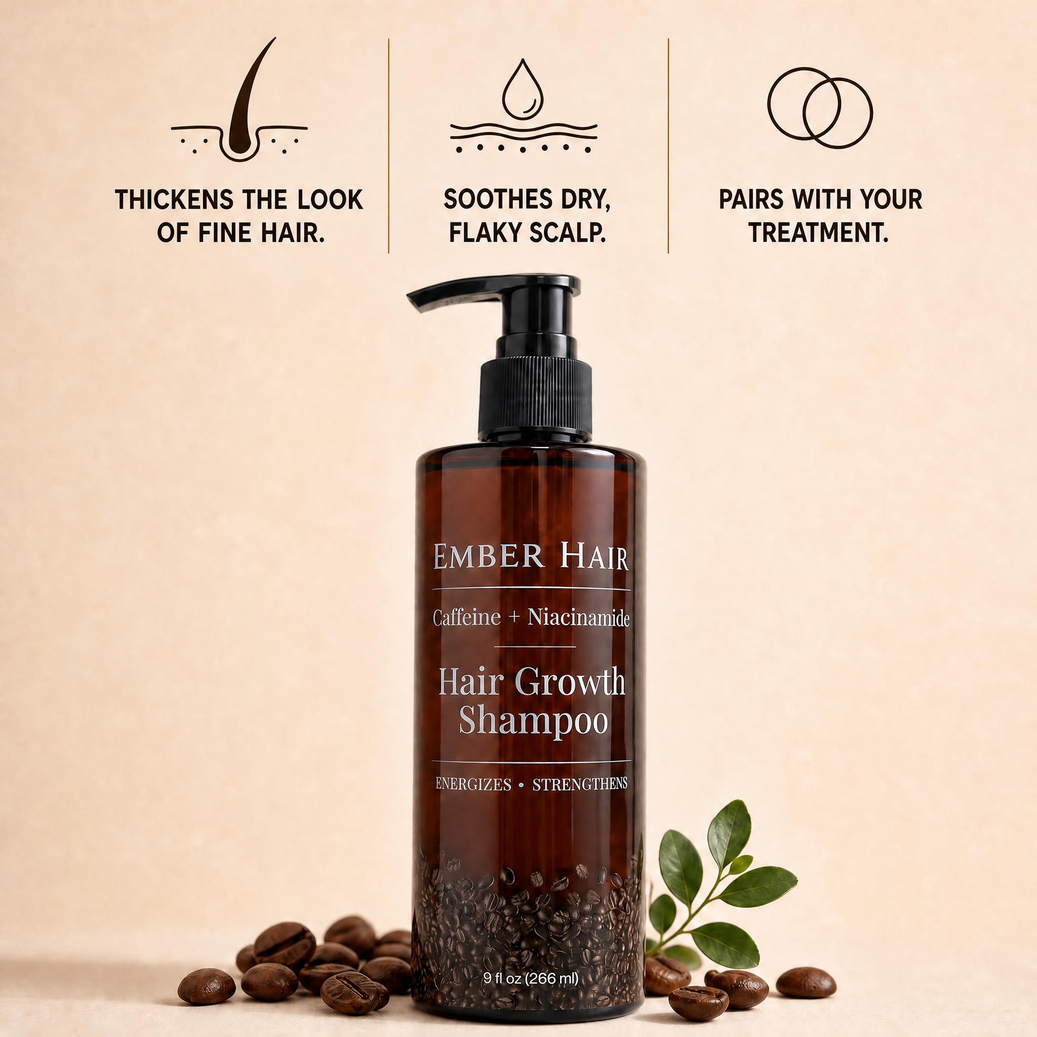 Ember Hair Caffeine and Niacinamide shampoo bottle with three benefits: thickens the look of fine hair, soothes dry flaky scalp, pairs with your treatment