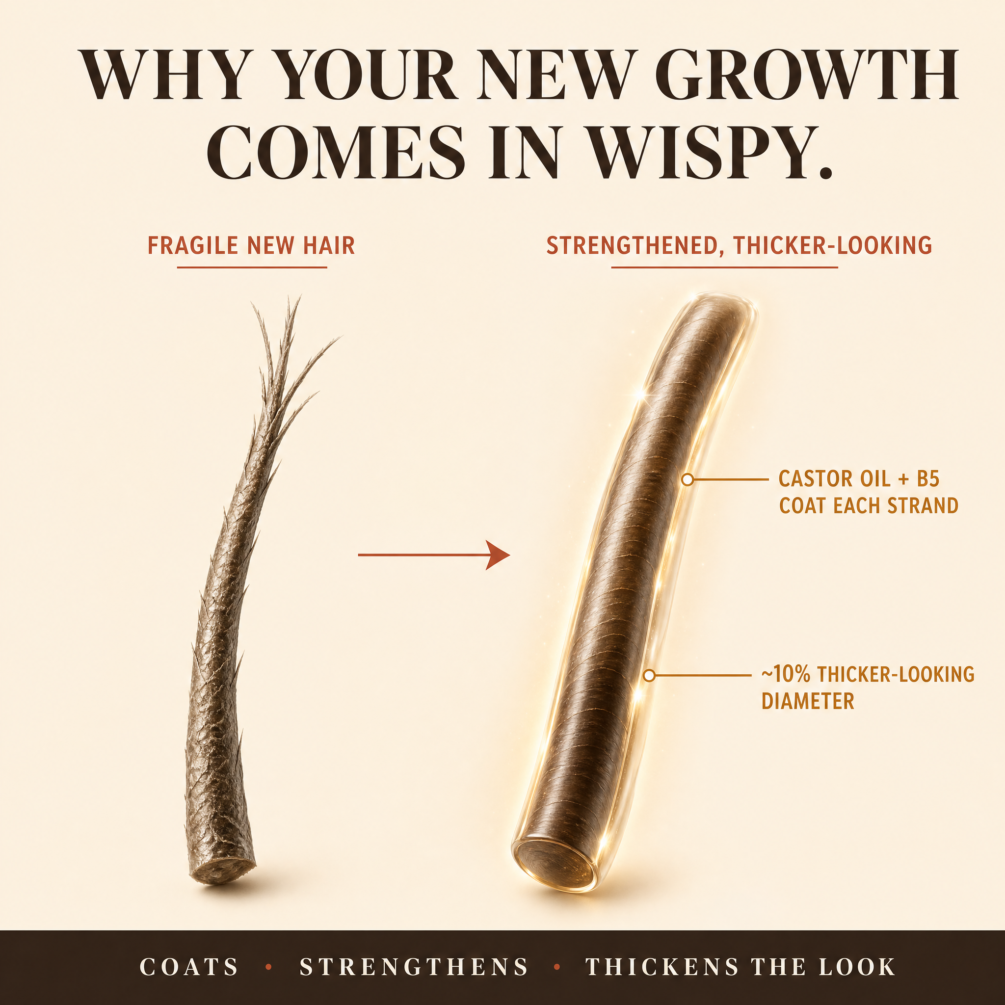 Infographic comparing a fragile wispy new hair strand to a strengthened, thicker-looking strand coated by castor oil and B5
