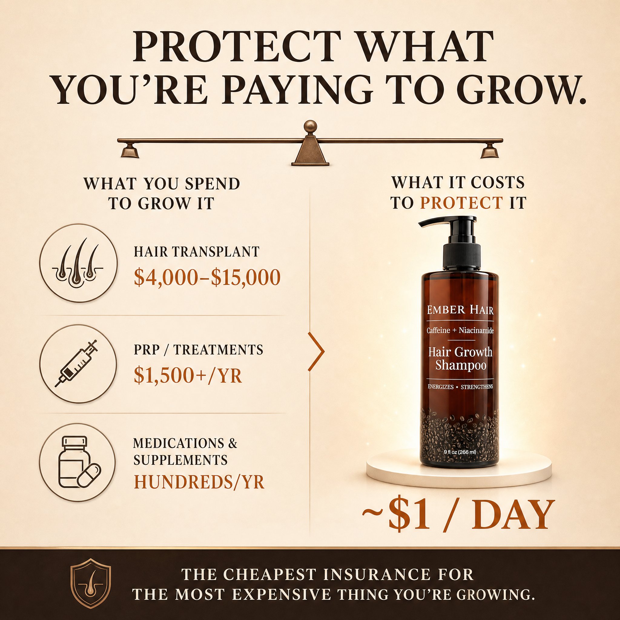 Balance-scale infographic weighing the cost of hair transplants, PRP and medications against protecting your progress with Ember for about a dollar a day
