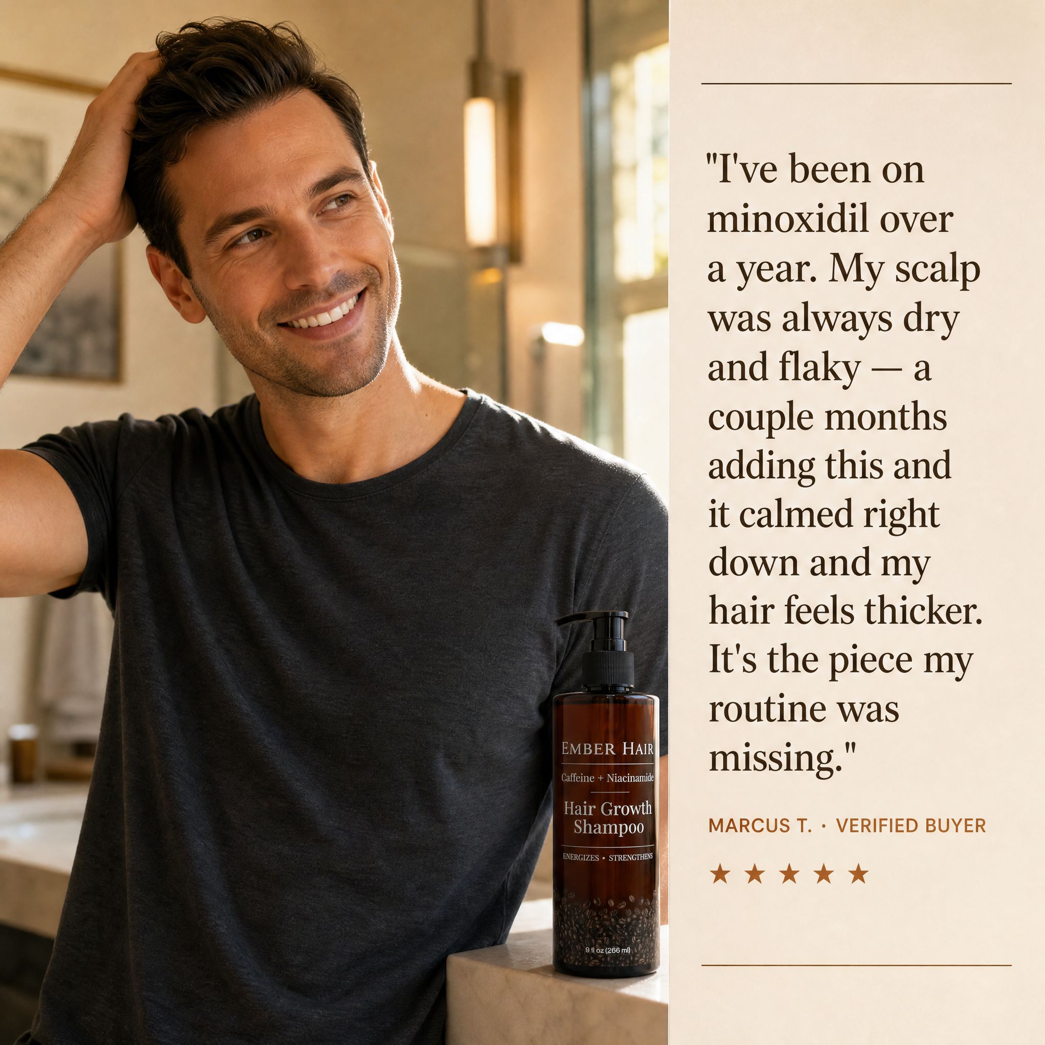 A smiling man running his hand through his hair next to a five-star verified-buyer testimonial about his minoxidil scalp calming down and his hair feeling thicker